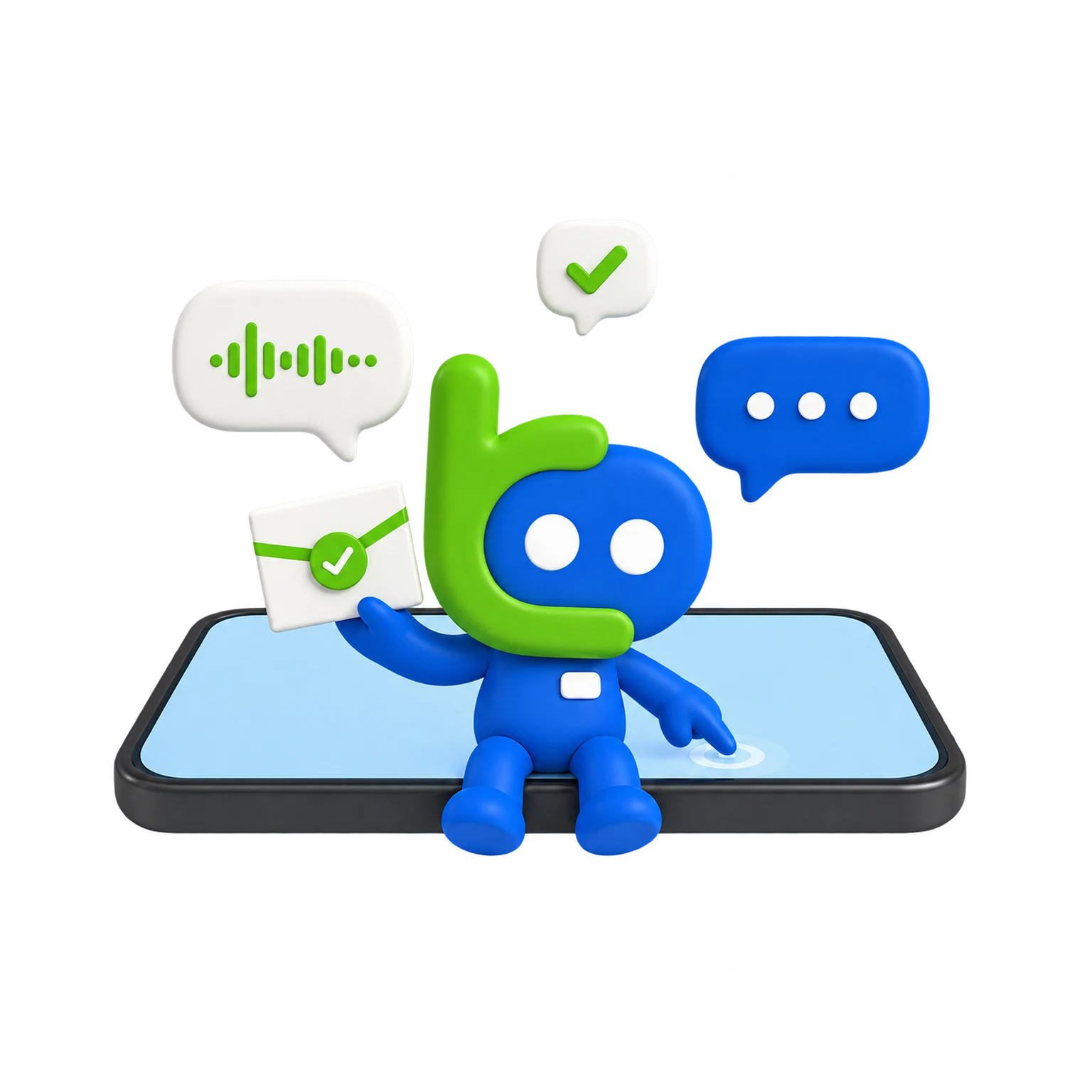 Funcionário nº IA-01 sentado na borda de um celular gigante, respondendo mensagens e segurando o envelope do salário