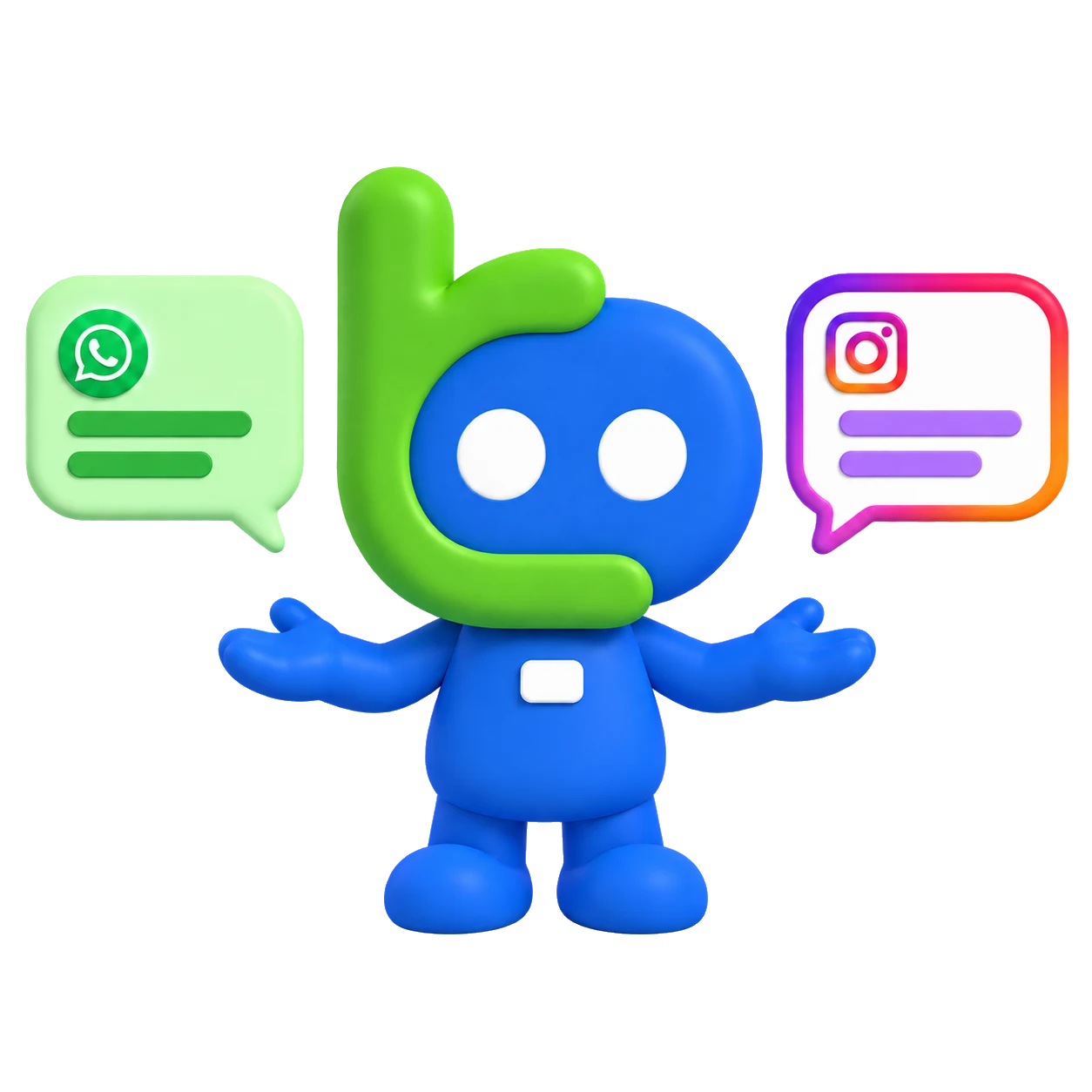 Funcionário nº IA-01 entre um balão do WhatsApp e um balão do Direct, o mesmo funcionário nos dois canais