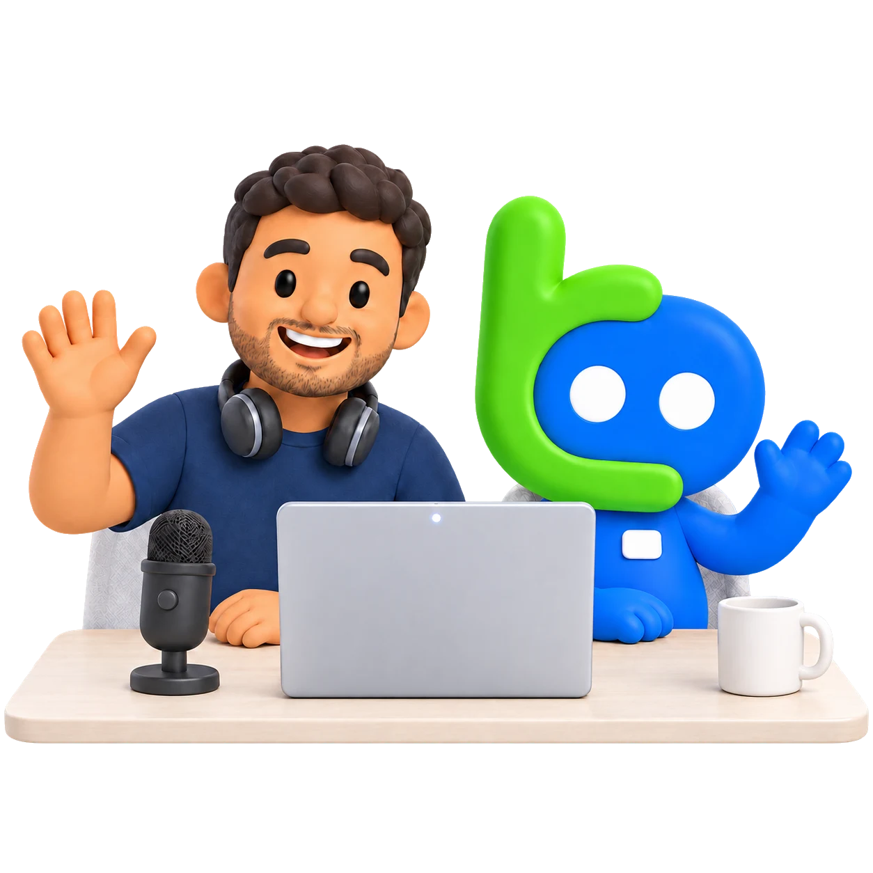 Funcionário nº IA-01 e uma pessoa do time de suporte, na mesa, gravando a aula ao vivo e acenando
