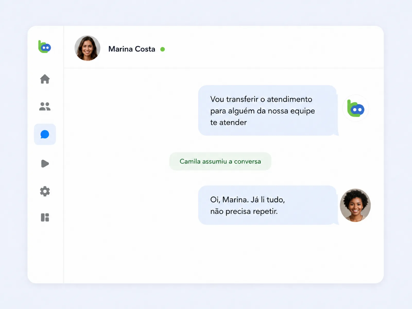 Bate-papo ao vivo com IA e equipe