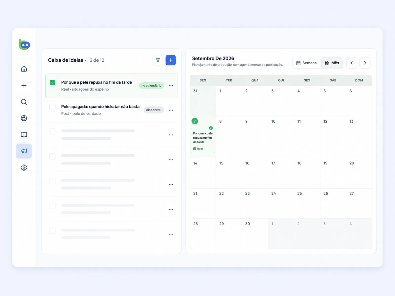 Planejador de conteúdo: caixa de ideias e calendário